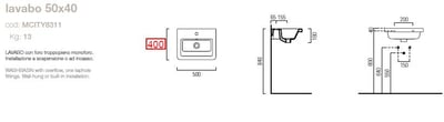 GSI GSI City valamu 500×400, valge: Technical drawing of a washbasin with dimensions 500 by 400 mm on a white background