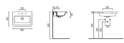 GSI GSI City valamu 600×450, valge: Dimension drawing of a washbasin in three views on a white background