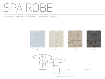 Abyss & Habidecor SPA cotton bathrobe (short model), dark grey, sizes S, M, L, XL – ENDSALE -25%: Product sheet for a short bathrobe showing four colour swatches and a line drawing on a white background