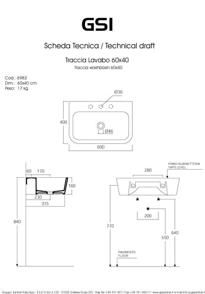 GSI GSI Traccia valamu 60×44, valge: Technical drawing of a washbasin showing top, side, and front dimensions