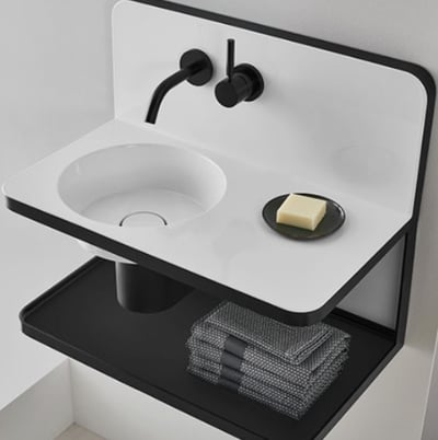 WP.S19.1 washplace 600x360xh-497mm, sink on the left, incl bottle trap, pop-up drain, glass shelf, concealed mixer