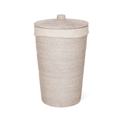 Decor Walther BASKET WB laundry basket: Floor standing laundry bin with lid in light woven rattan on a white background