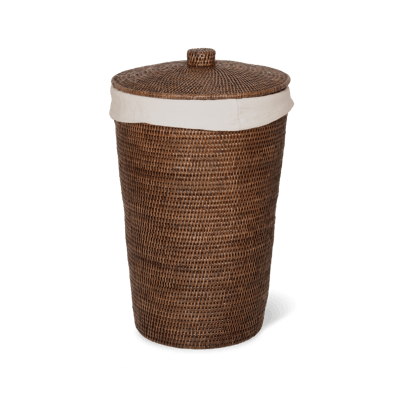 Decor Walther BASKET WB laundry basket: Floorstanding dark brown woven rattan laundry hamper with lid on white background