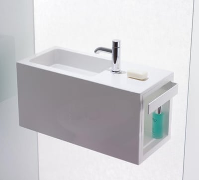 WP.XS2 glazed steel washstand with shelf and towel rail