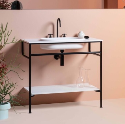 Kos by Zucchetti RISE 8RI201BINE console with integrated washbasin – washbasin matt white Cristalplant Biobased/ console black metal/shelf white lacquered